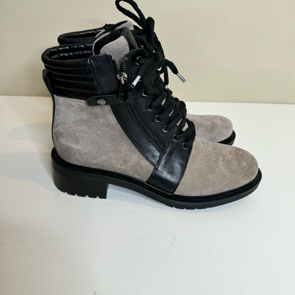 Botkier lace up moto combat boots in suede and leather in black and gray…